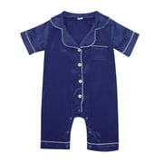 Toddler Girl Boy Silk Pajamas Rompers Button Down Blouse Short Sleeve Satin Pj's Jumpsuit Onesie Baby Cozy Nightwear, 18-24 Months